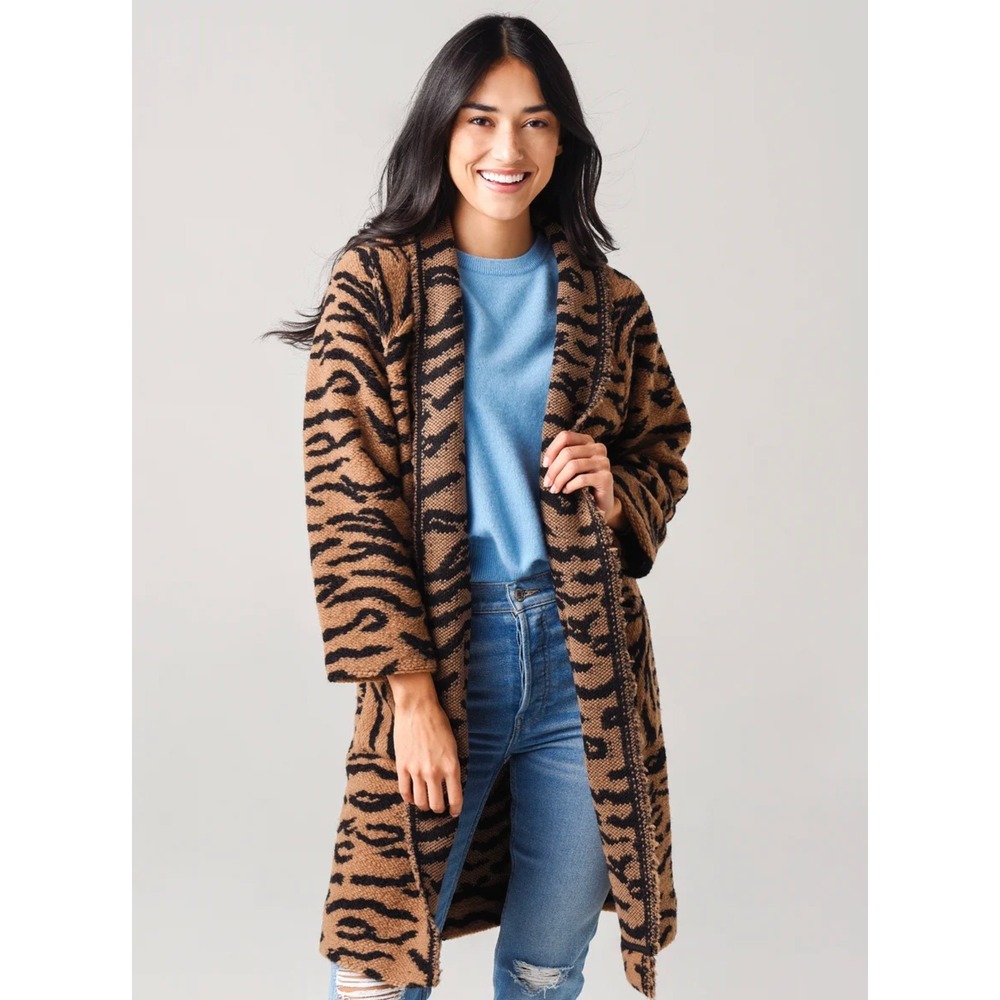 B41 Hunter Bell Keller Long Cardigan Coat Small Tan Black Tiger Stripe Wool - Picture 1 of 9